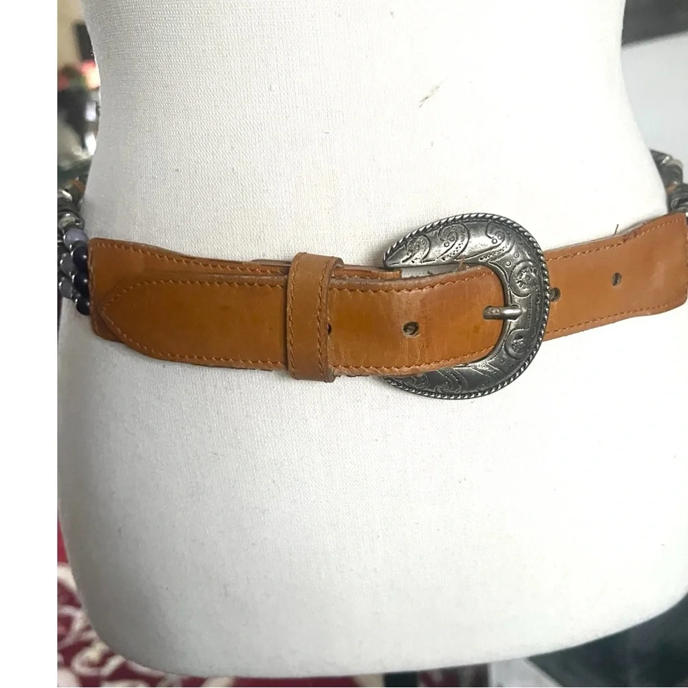 Vtg.Leather belt with western style buckle & multi strand Beaded Embellishments